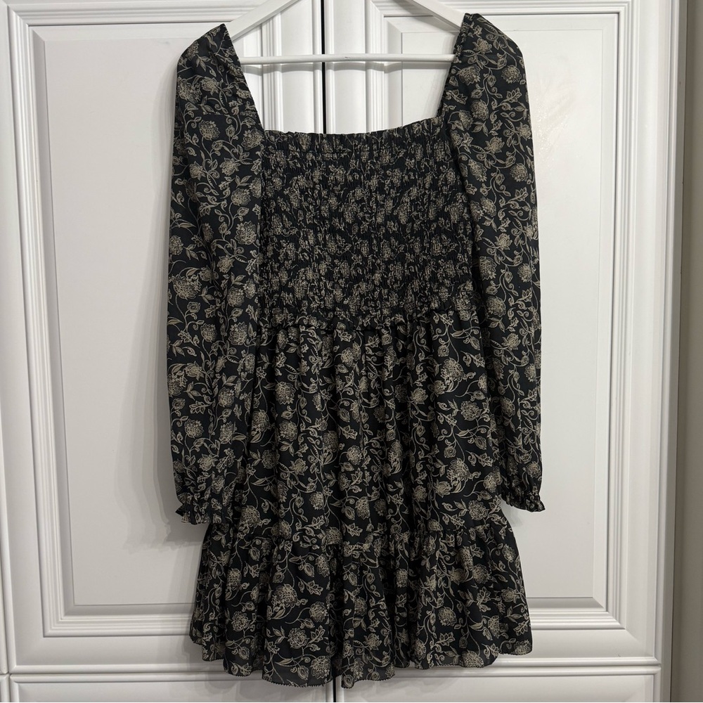 Retrod Size Small Black + Tan Print Long Sleeved Square Neck Smocked Mini Dress